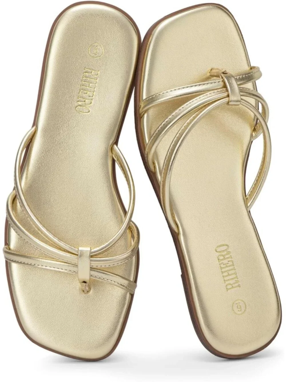Women's Gold Summer Comfortable Slip On Square Toe Flat Sandals For Beach
